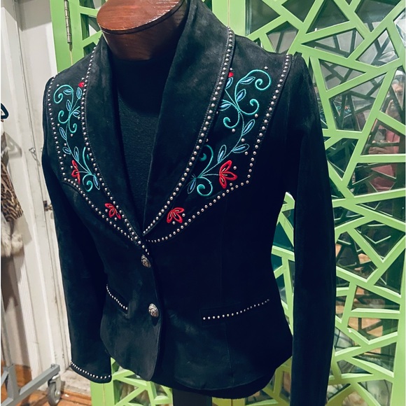 Ripple Creek Vintage Black Suede Leather Embroidered Studded Southwestern Jacket